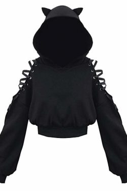 Y2K Goth Lace-Up Demon Hoodie Crop Top - 90s Grunge, Retro, Pastel Goth, Y2K Fashion