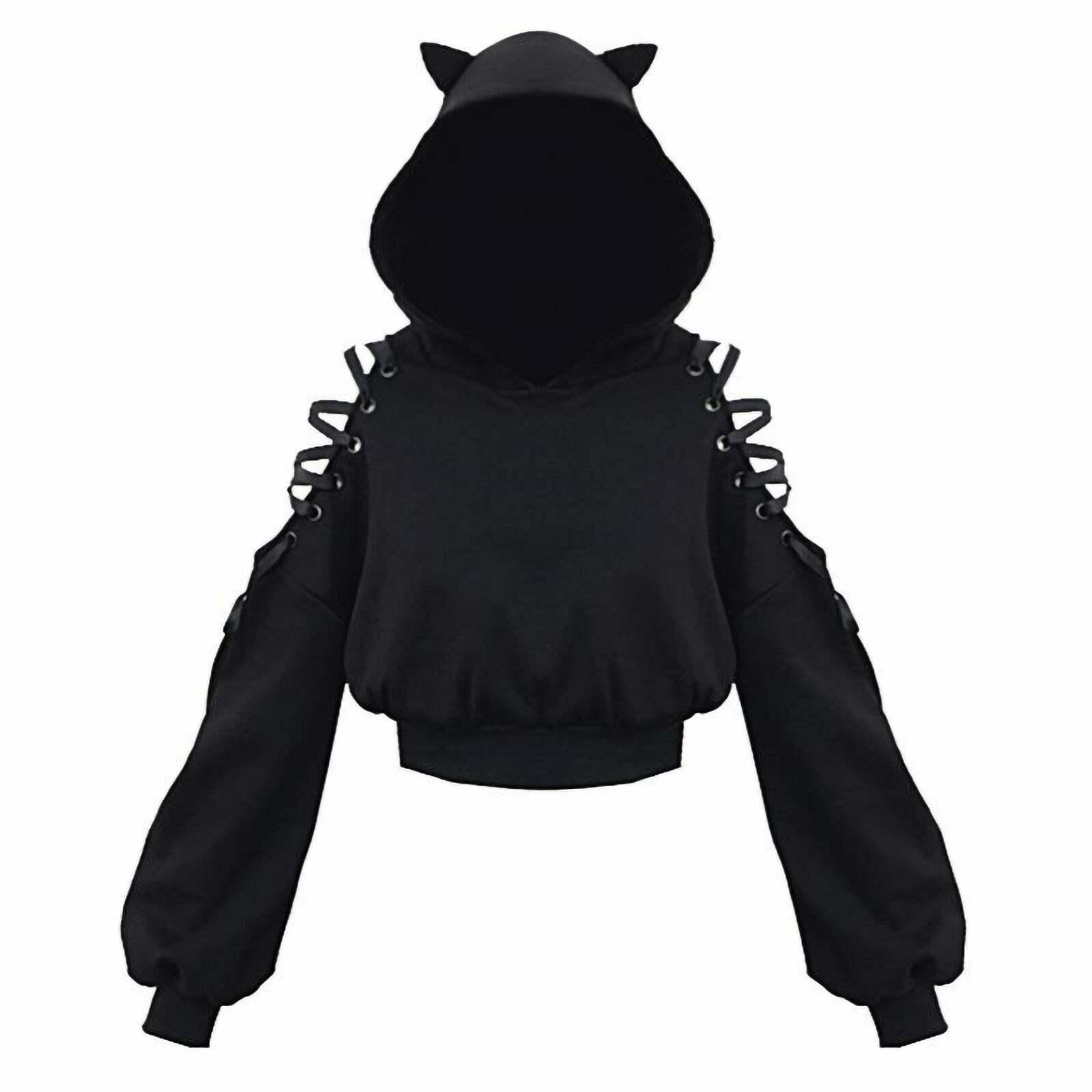 Y2K Goth Lace-Up Demon Hoodie Crop Top - 90s Grunge, Retro, Pastel Goth, Y2K Fashion