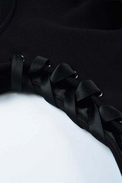 Y2K Goth Lace-Up Demon Hoodie Crop Top - 90s Grunge, Retro, Pastel Goth, Y2K Fashion