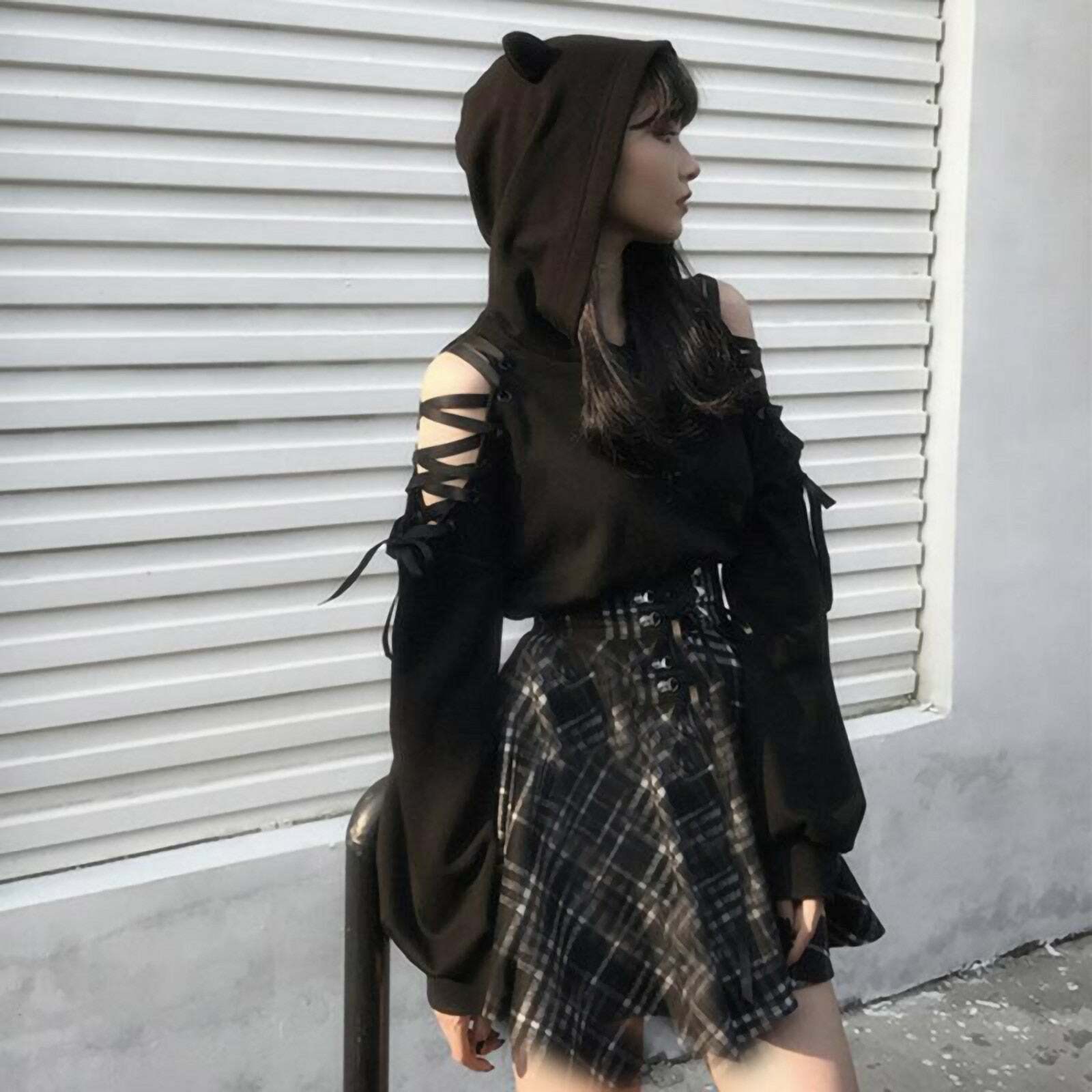Y2K Goth Lace-Up Demon Hoodie Crop Top - 90s Grunge, Retro, Pastel Goth, Y2K Fashion