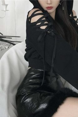 Y2K Goth Lace-Up Demon Hoodie Crop Top - 90s Grunge, Retro, Pastel Goth, Y2K Fashion