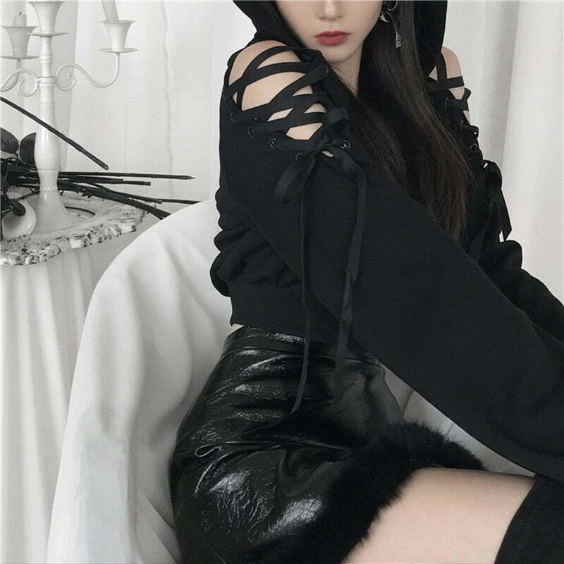 Y2K Goth Lace-Up Demon Hoodie Crop Top - 90s Grunge, Retro, Pastel Goth, Y2K Fashion