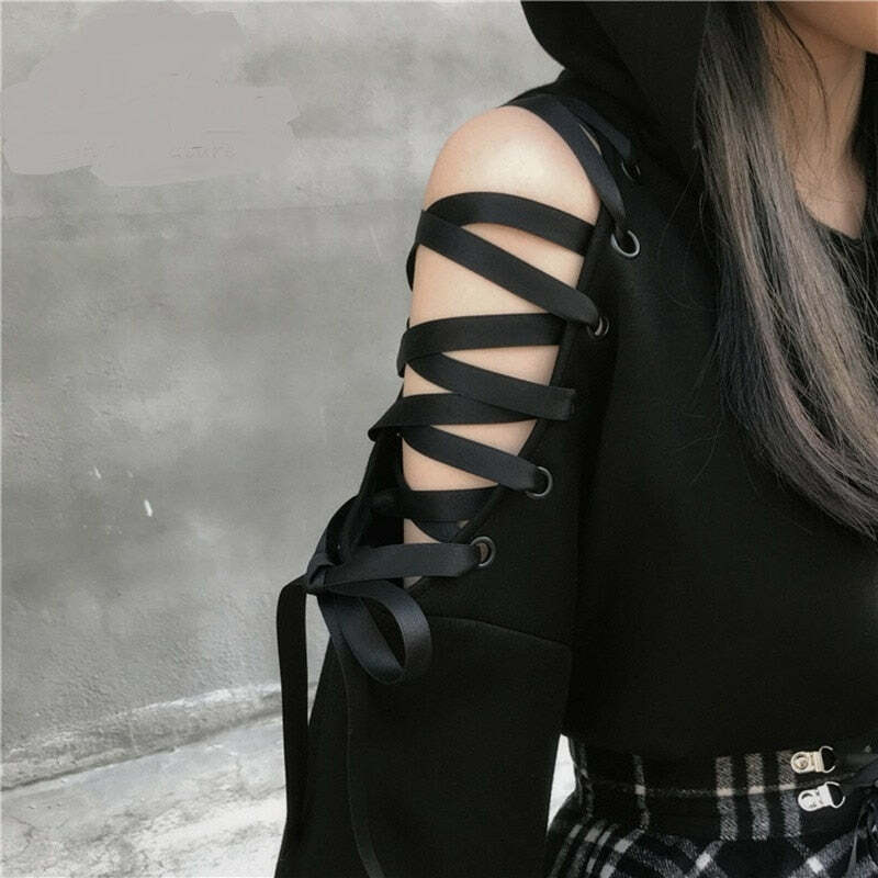 Y2K Goth Lace-Up Demon Hoodie Crop Top - 90s Grunge, Retro, Pastel Goth, Y2K Fashion