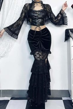 Y2K Goth Lace Velvet Ruched Tiered Slit Maxi Skirt - Retro 90s Grunge Summer Outfit