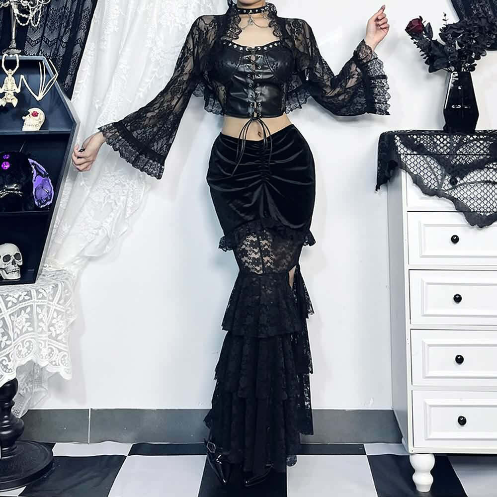 Y2K Goth Lace Velvet Ruched Tiered Slit Maxi Skirt - Retro 90s Grunge Summer Outfit