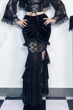 Y2K Goth Lace Velvet Ruched Tiered Slit Maxi Skirt - Retro 90s Grunge Summer Outfit
