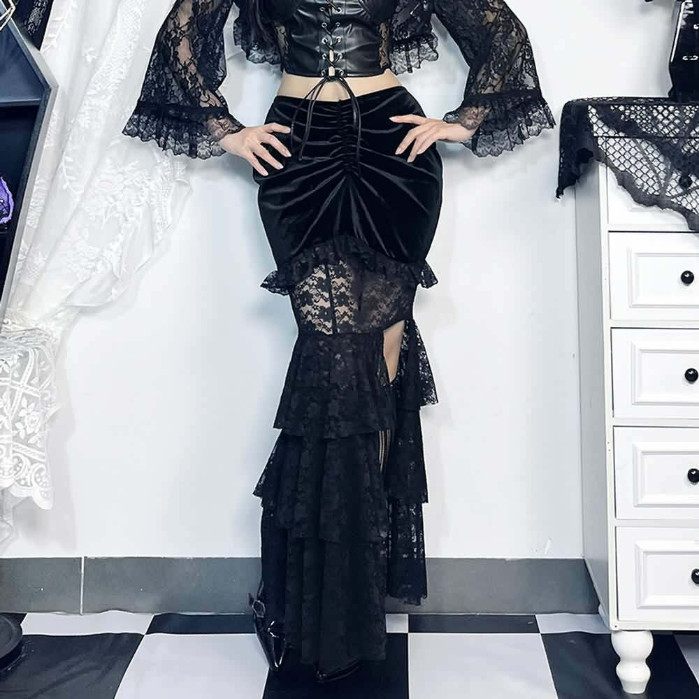 Y2K Goth Lace Velvet Ruched Tiered Slit Maxi Skirt - Retro 90s Grunge Summer Outfit