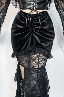 Y2K Goth Lace Velvet Ruched Tiered Slit Maxi Skirt - Retro 90s Grunge Summer Outfit