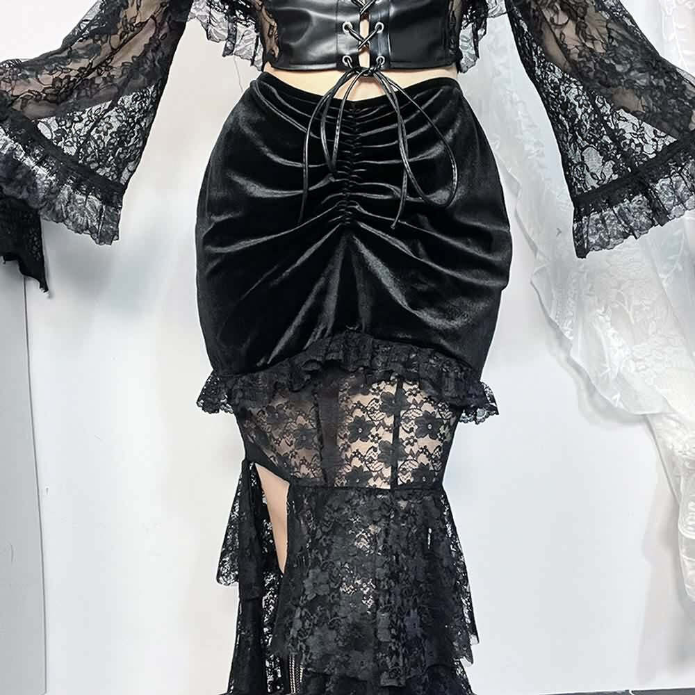 Y2K Goth Lace Velvet Ruched Tiered Slit Maxi Skirt - Retro 90s Grunge Summer Outfit