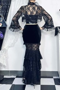 Y2K Goth Lace Velvet Ruched Tiered Slit Maxi Skirt - Retro 90s Grunge Summer Outfit
