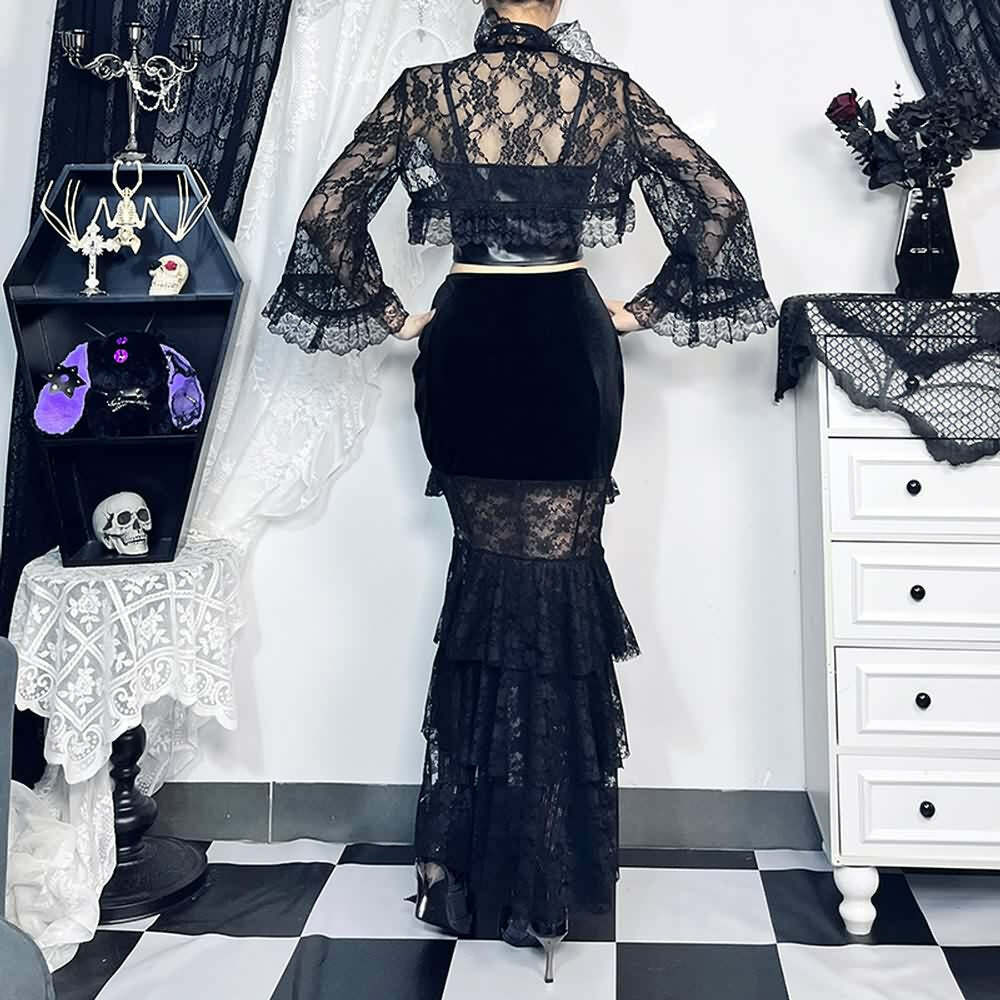Y2K Goth Lace Velvet Ruched Tiered Slit Maxi Skirt - Retro 90s Grunge Summer Outfit