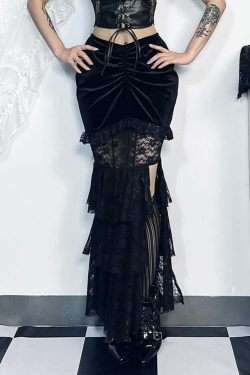 Y2K Goth Lace Velvet Ruched Tiered Slit Maxi Skirt - Retro 90s Grunge Summer Outfit