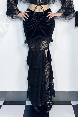 Y2K Goth Lace Velvet Ruched Tiered Slit Maxi Skirt - Retro 90s Grunge Summer Outfit