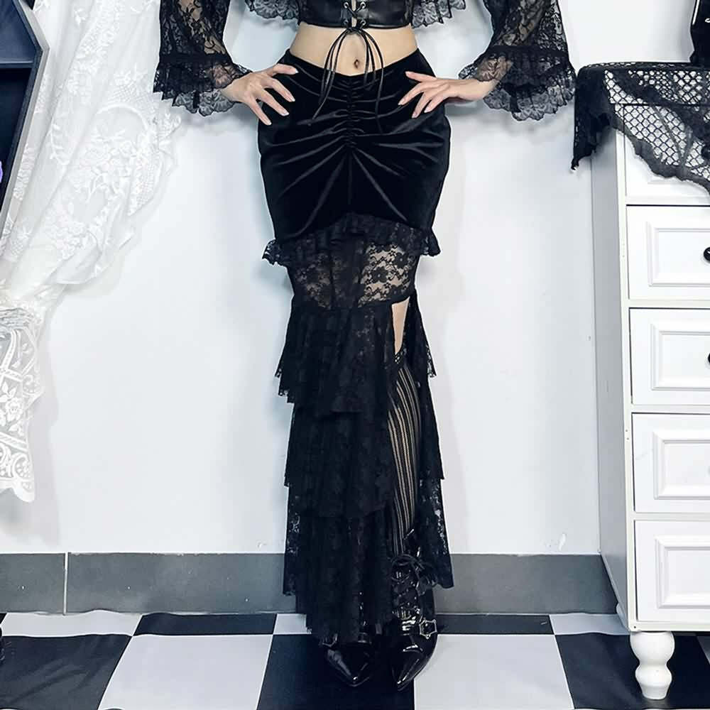 Y2K Goth Lace Velvet Ruched Tiered Slit Maxi Skirt - Retro 90s Grunge Summer Outfit