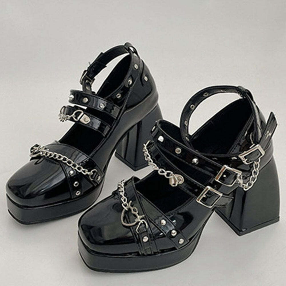 Y2K Goth Lolita Mary Janes - Shiny Black Retro 90s Grunge Shoes for Y2K Fashion Outfits