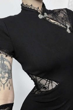 Y2K Goth Mesh Cut Out Slit Cheongsam Midi Dress - 90s Grunge Summer Party Outfit