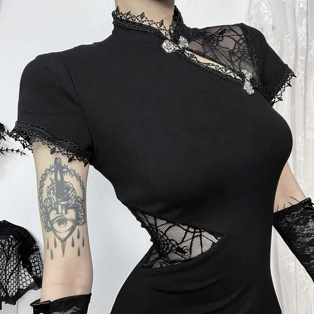 Y2K Goth Mesh Cut Out Slit Cheongsam Midi Dress - 90s Grunge Summer Party Outfit