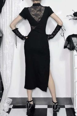 Y2K Goth Mesh Cut Out Slit Cheongsam Midi Dress - 90s Grunge Summer Party Outfit