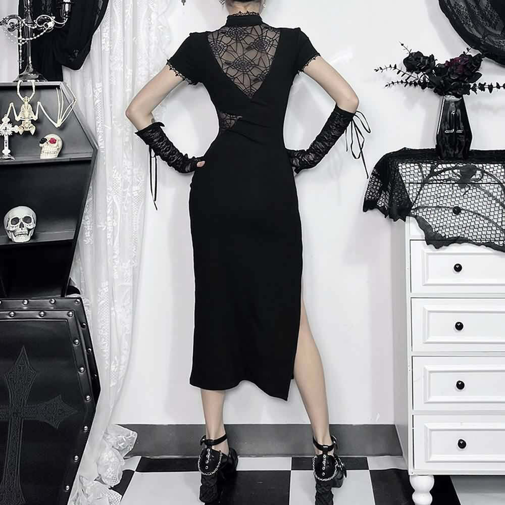Y2K Goth Mesh Cut Out Slit Cheongsam Midi Dress - 90s Grunge Summer Party Outfit