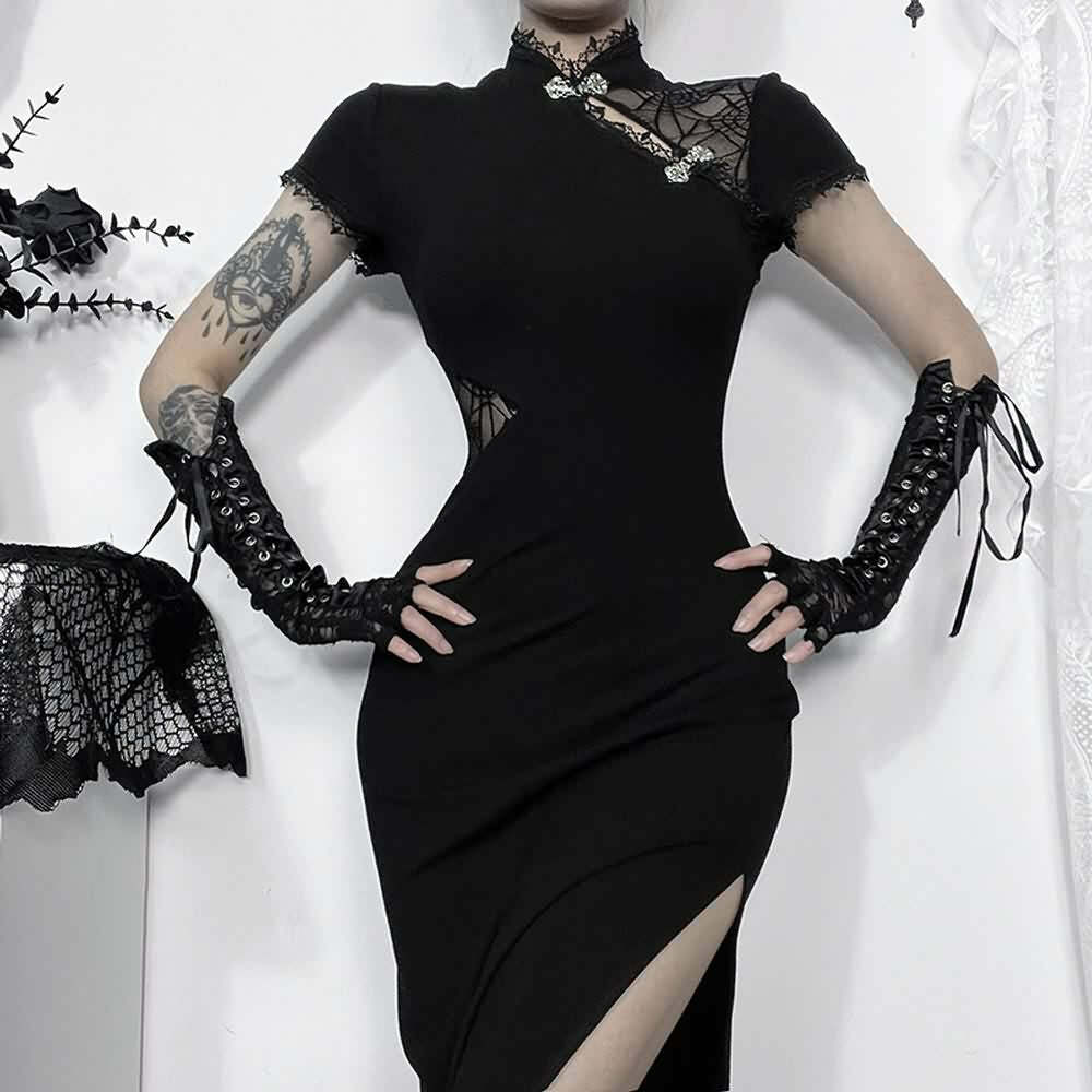 Y2K Goth Mesh Cut Out Slit Cheongsam Midi Dress - 90s Grunge Summer Party Outfit