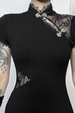 Y2K Goth Mesh Cut Out Slit Cheongsam Midi Dress - 90s Grunge Summer Party Outfit