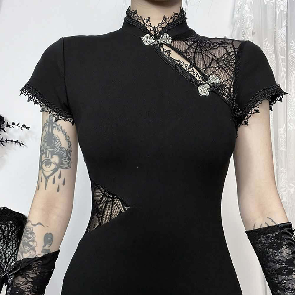 Y2K Goth Mesh Cut Out Slit Cheongsam Midi Dress - 90s Grunge Summer Party Outfit
