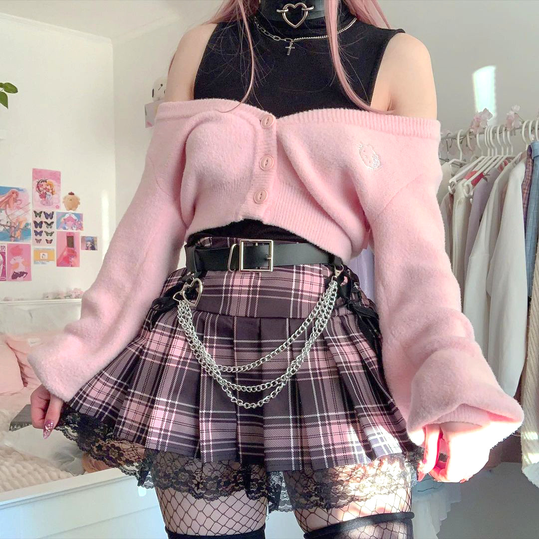 Y2K Goth Pink Plaid Pleated Skirt with Lace Trim - Retro 90s Grunge Summer Outfit