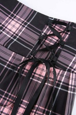 Y2K Goth Pink Plaid Pleated Skirt with Lace Trim - Retro 90s Grunge Summer Outfit