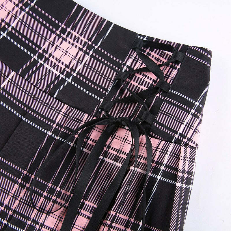 Y2K Goth Pink Plaid Pleated Skirt with Lace Trim - Retro 90s Grunge Summer Outfit