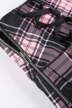 Y2K Goth Pink Plaid Pleated Skirt with Lace Trim - Retro 90s Grunge Summer Outfit