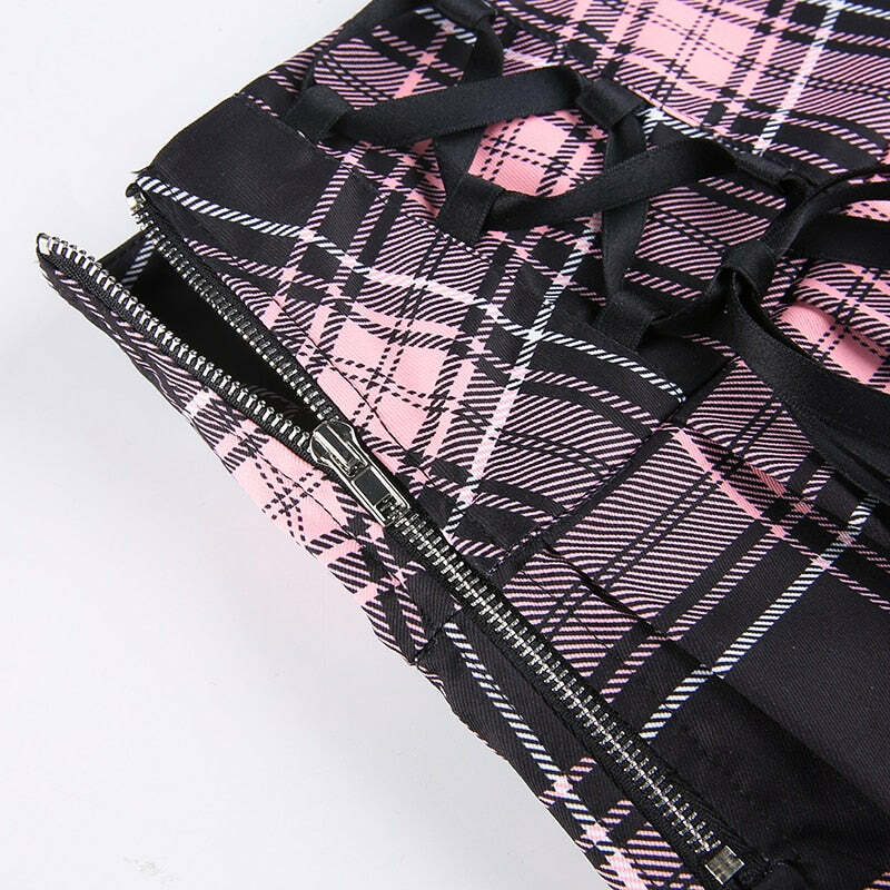 Y2K Goth Pink Plaid Pleated Skirt with Lace Trim - Retro 90s Grunge Summer Outfit