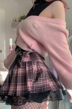 Y2K Goth Pink Plaid Pleated Skirt with Lace Trim - Retro 90s Grunge Summer Outfit