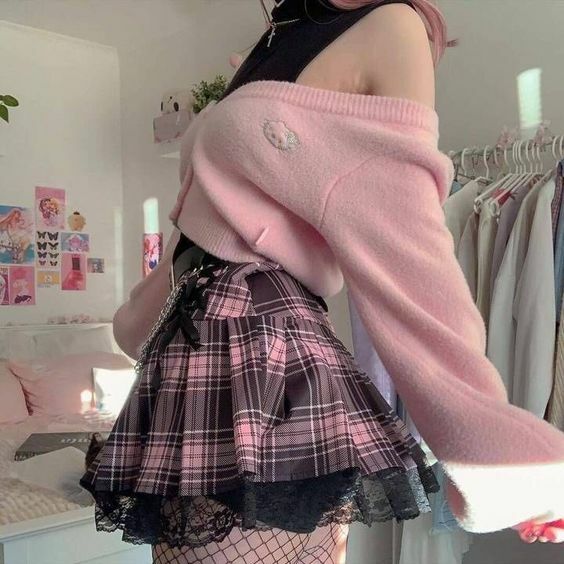 Y2K Goth Pink Plaid Pleated Skirt with Lace Trim - Retro 90s Grunge Summer Outfit