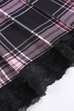 Y2K Goth Pink Plaid Pleated Skirt with Lace Trim - Retro 90s Grunge Summer Outfit