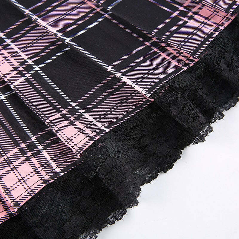 Y2K Goth Pink Plaid Pleated Skirt with Lace Trim - Retro 90s Grunge Summer Outfit