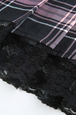 Y2K Goth Pink Plaid Pleated Skirt with Lace Trim - Retro 90s Grunge Summer Outfit