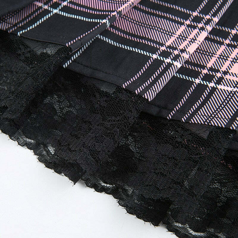 Y2K Goth Pink Plaid Pleated Skirt with Lace Trim - Retro 90s Grunge Summer Outfit