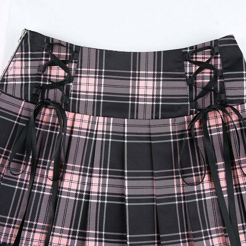 Y2K Goth Pink Plaid Pleated Skirt with Lace Trim - Retro 90s Grunge Summer Outfit