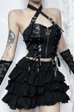 Y2K Goth Punk Halter Crop Top - 90s Grunge, Retro Summer, Y2K Party & Club Outfits