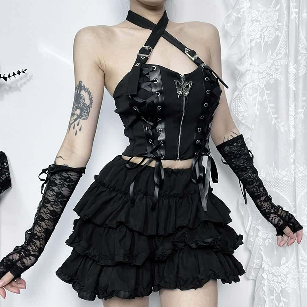 Y2K Goth Punk Halter Crop Top - 90s Grunge, Retro Summer, Y2K Party & Club Outfits