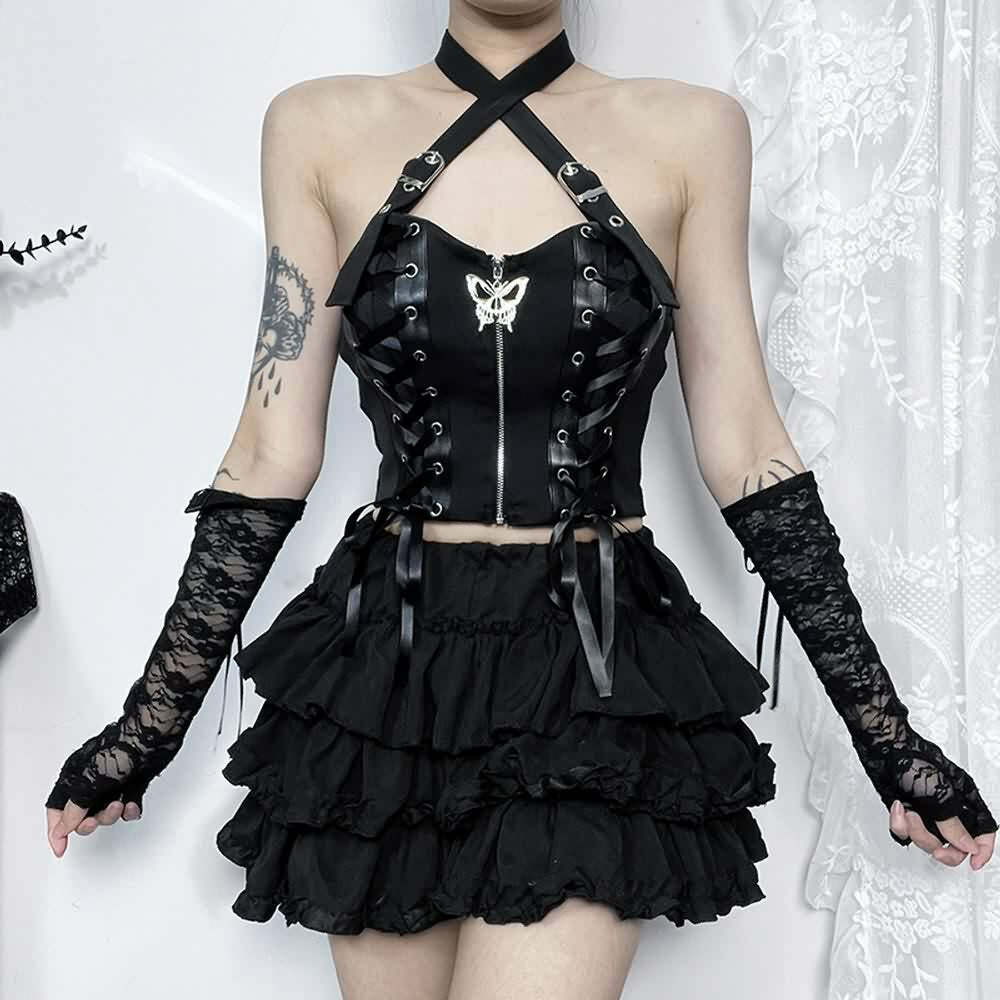 Y2K Goth Punk Halter Crop Top - 90s Grunge, Retro Summer, Y2K Party & Club Outfits