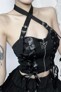 Y2K Goth Punk Halter Crop Top - 90s Grunge, Retro Summer, Y2K Party & Club Outfits