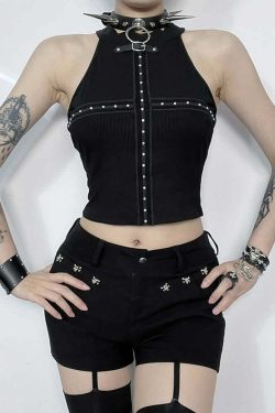 Y2K Goth Punk Open Back Crop Top - 90s Grunge, Retro Style, Summer Y2K Outfits, Baby Tees