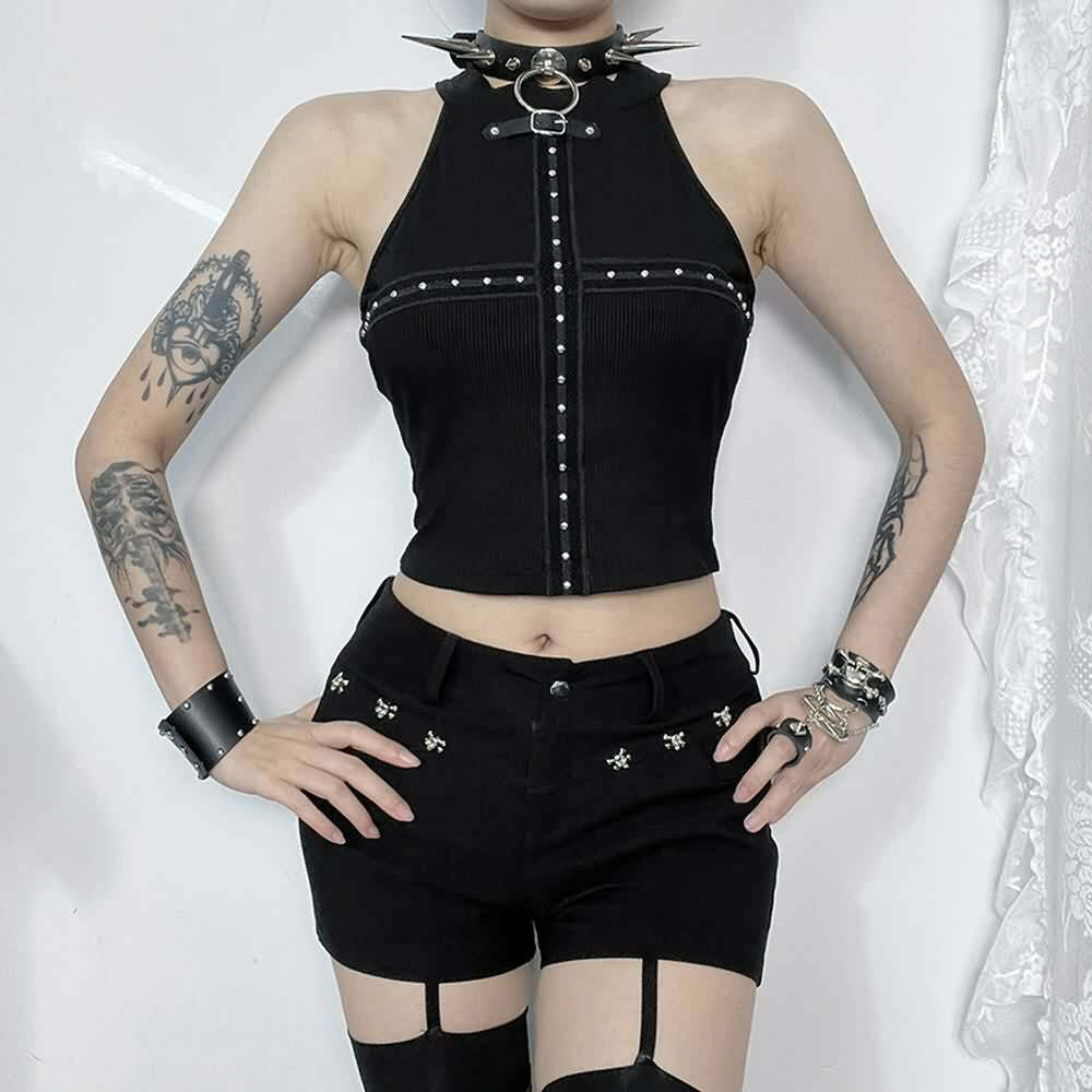 Y2K Goth Punk Open Back Crop Top - 90s Grunge, Retro Style, Summer Y2K Outfits, Baby Tees