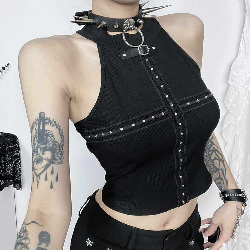 Y2K Goth Punk Open Back Crop Top - 90s Grunge, Retro Style, Summer Y2K Outfits, Baby Tees