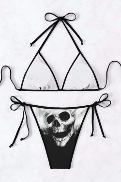 Y2K Goth Skull Halter String Bikini Set - Retro 90s Grunge Summer Beach Outfit