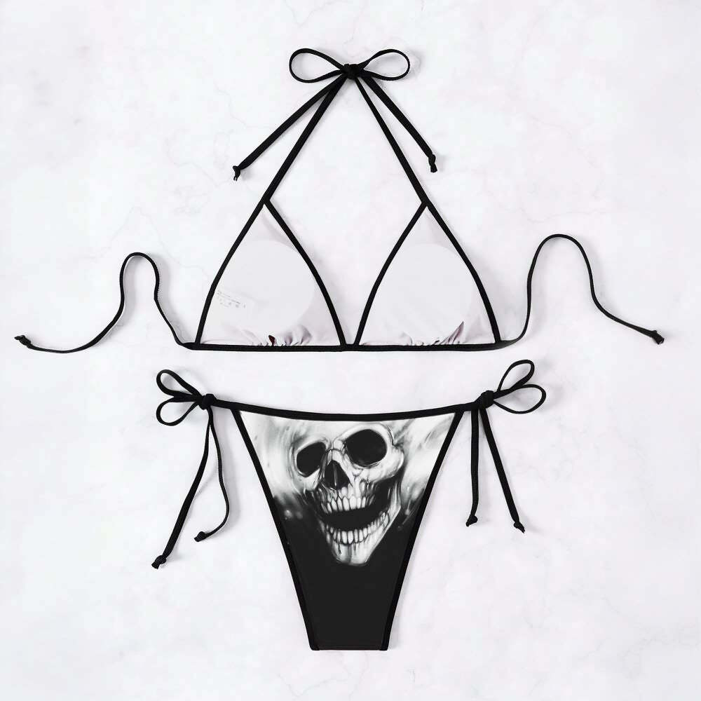 Y2K Goth Skull Halter String Bikini Set - Retro 90s Grunge Summer Beach Outfit