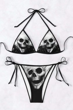 Y2K Goth Skull Halter String Bikini Set - Retro 90s Grunge Summer Beach Outfit