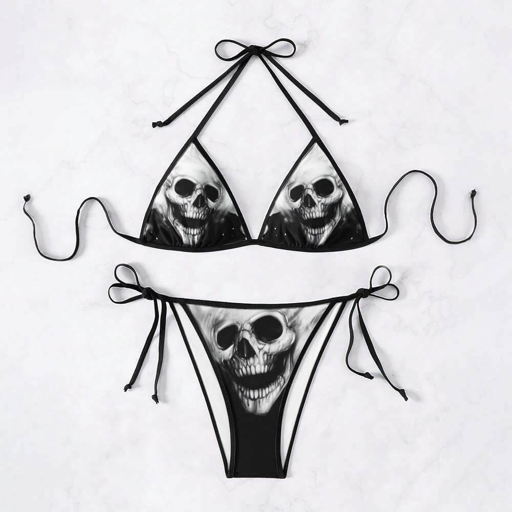 Y2K Goth Skull Halter String Bikini Set - Retro 90s Grunge Summer Beach Outfit