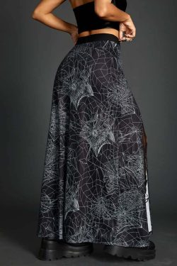 Y2K Goth Spider Web Slit Maxi Skirt - Retro 90s Grunge Summer Outfit for Women